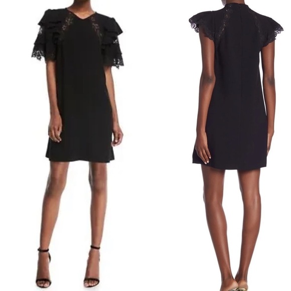 Rebecca Taylor Black Short Sleeve A-Line Crepe Puff Ruffle Lace Dress Size 0 - Picture 1 of 10